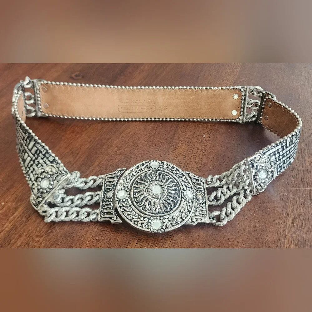 Vintage BB Simon Silver Metal And Leather‎ Belt Crystals And Chains
